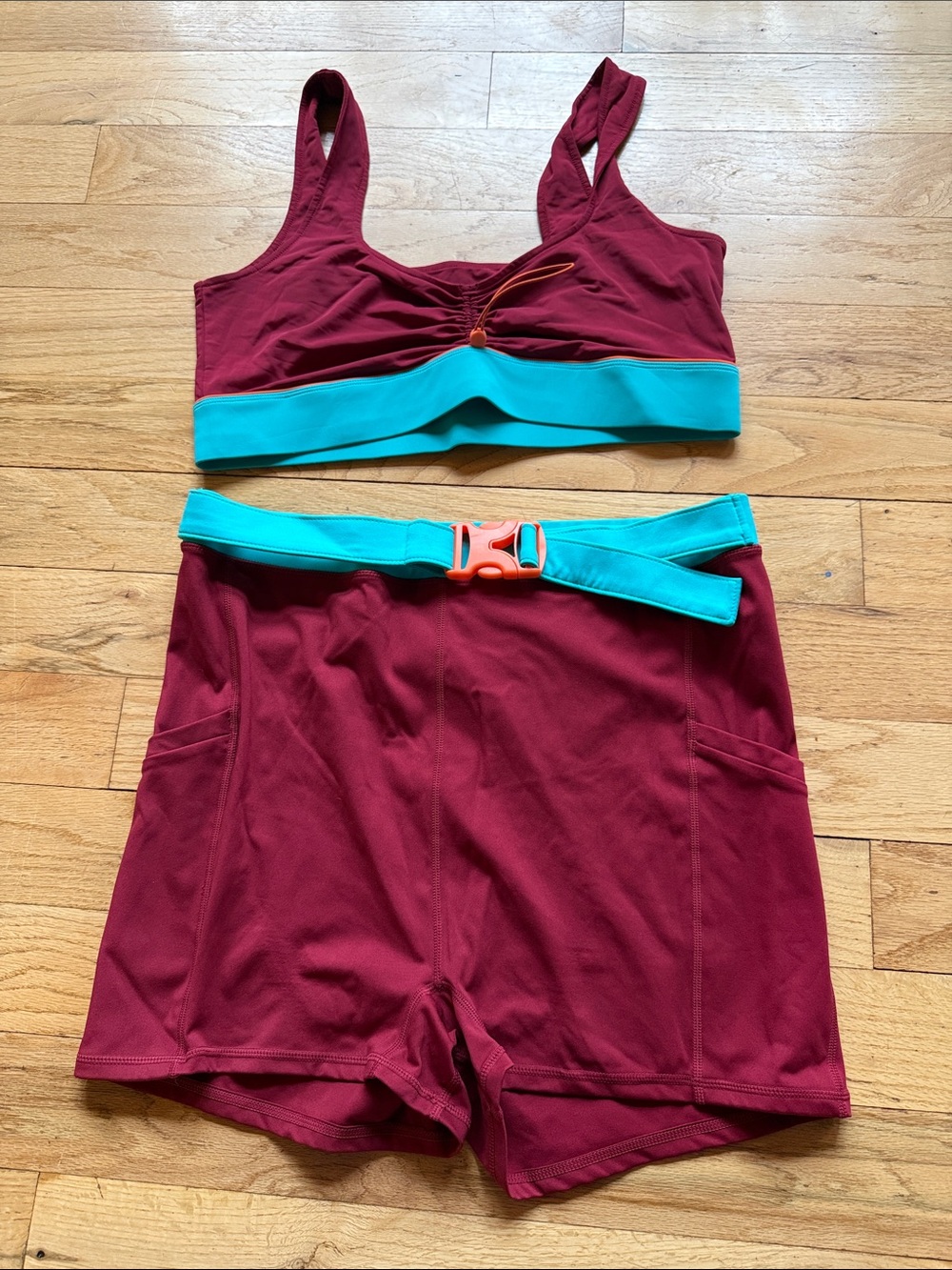 Burgundy Sports Bra and Shorts Set with Teal Accents